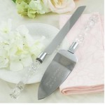 White Wedding Cake Knife and Server Set - Acrylic Clear Handles - Stainless Steel Blades